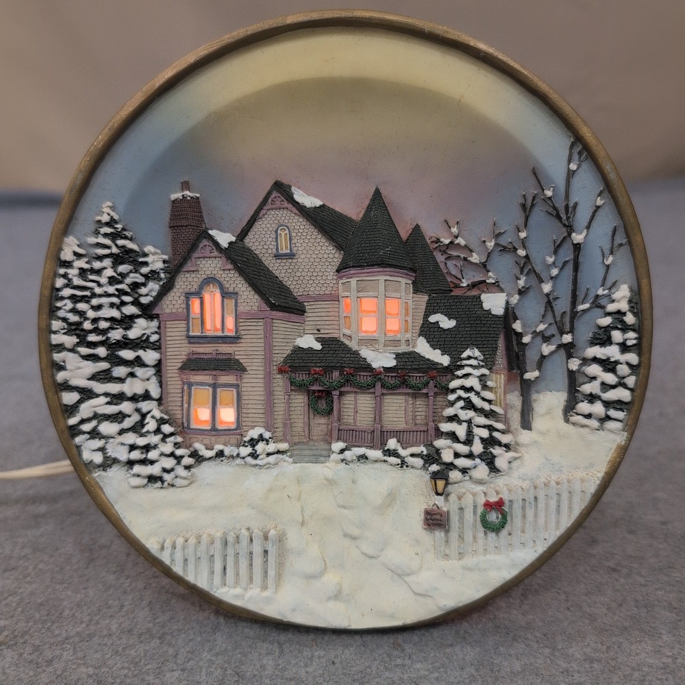 Vintage Lighted 3D Relief Winter Victorian House Collector Plate Holiday Decor